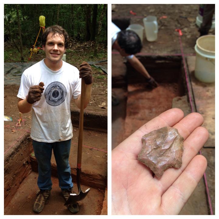 Archaeology student holding arrowhead and shovel