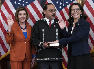 Speaker of the House Nancy Pelosi of Calif., administers the House oath of office to Rep. Mary Peltola, D-Alaska, during a ceremonial swearing-in on Capitol Hill in Washington on Tuesday, Sept. 13, 2022. (Jose Luis Magana/AP)